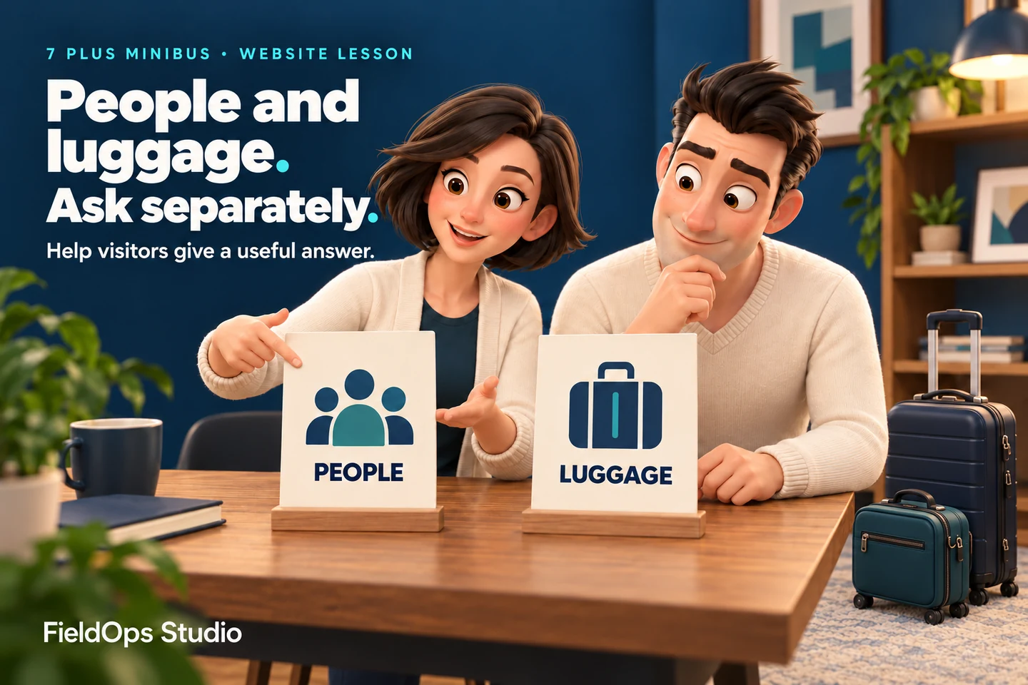 Original FieldOps illustration: two adult colleagues discuss separate people and luggage cards beside two complete travel bags. People and luggage. Ask separately.