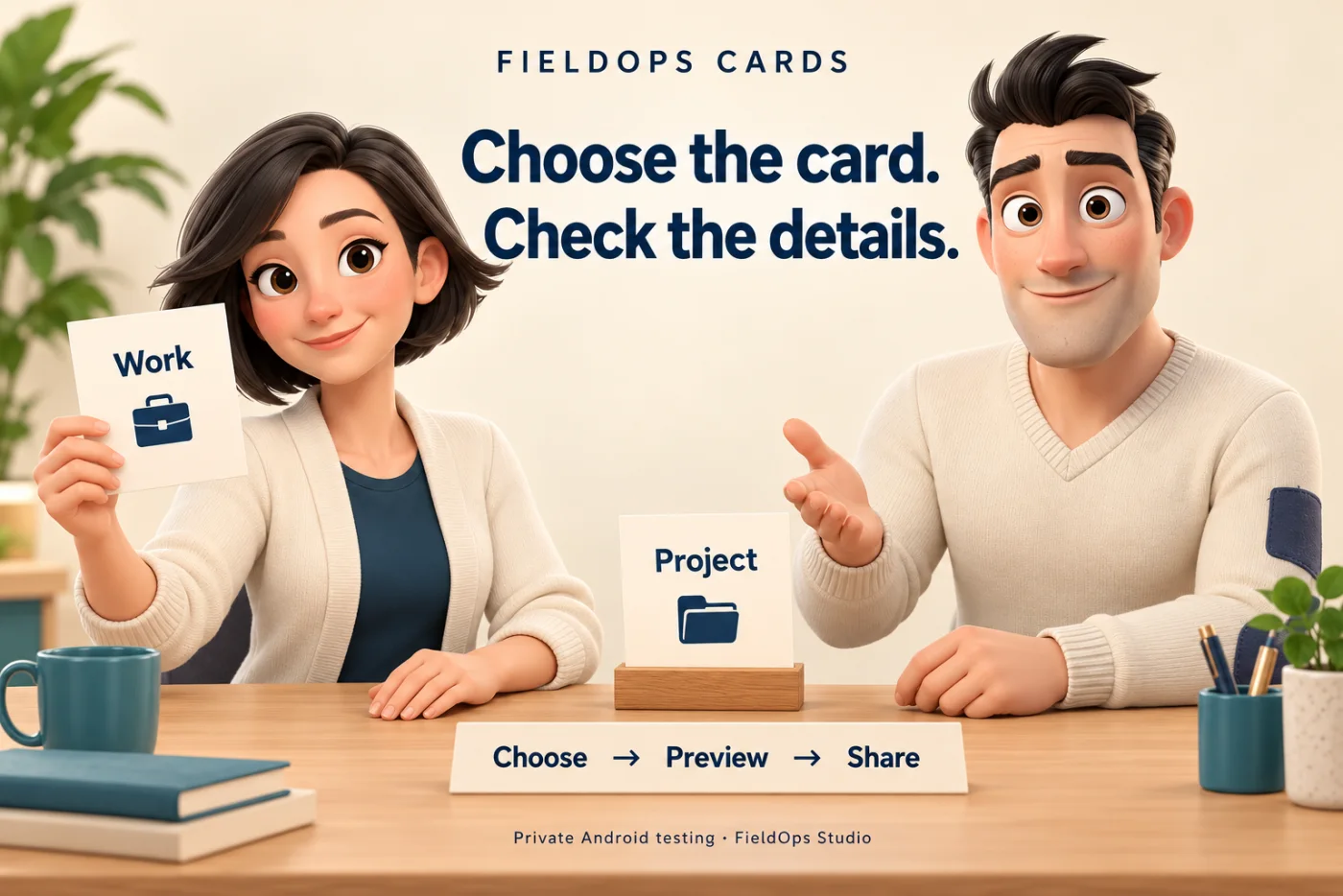 Original FieldOps concept illustration of two adult colleagues presenting physical Work and Project cards beside a Choose, Preview, Share strip; not an app screenshot.