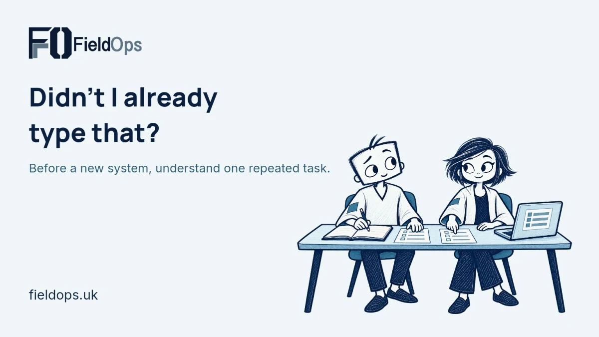 Two illustrated FieldOps colleagues comparing repeated lists at a desk, with the story title and original FieldOps logo.
