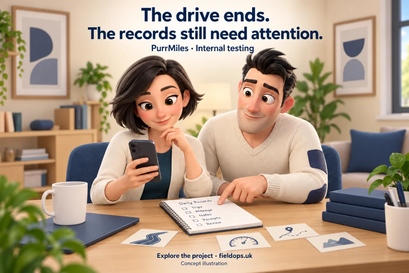 Original concept illustration of two FieldOps colleagues reviewing a phone and a fictional daily-record checklist; PurrMiles is labelled internal testing.
