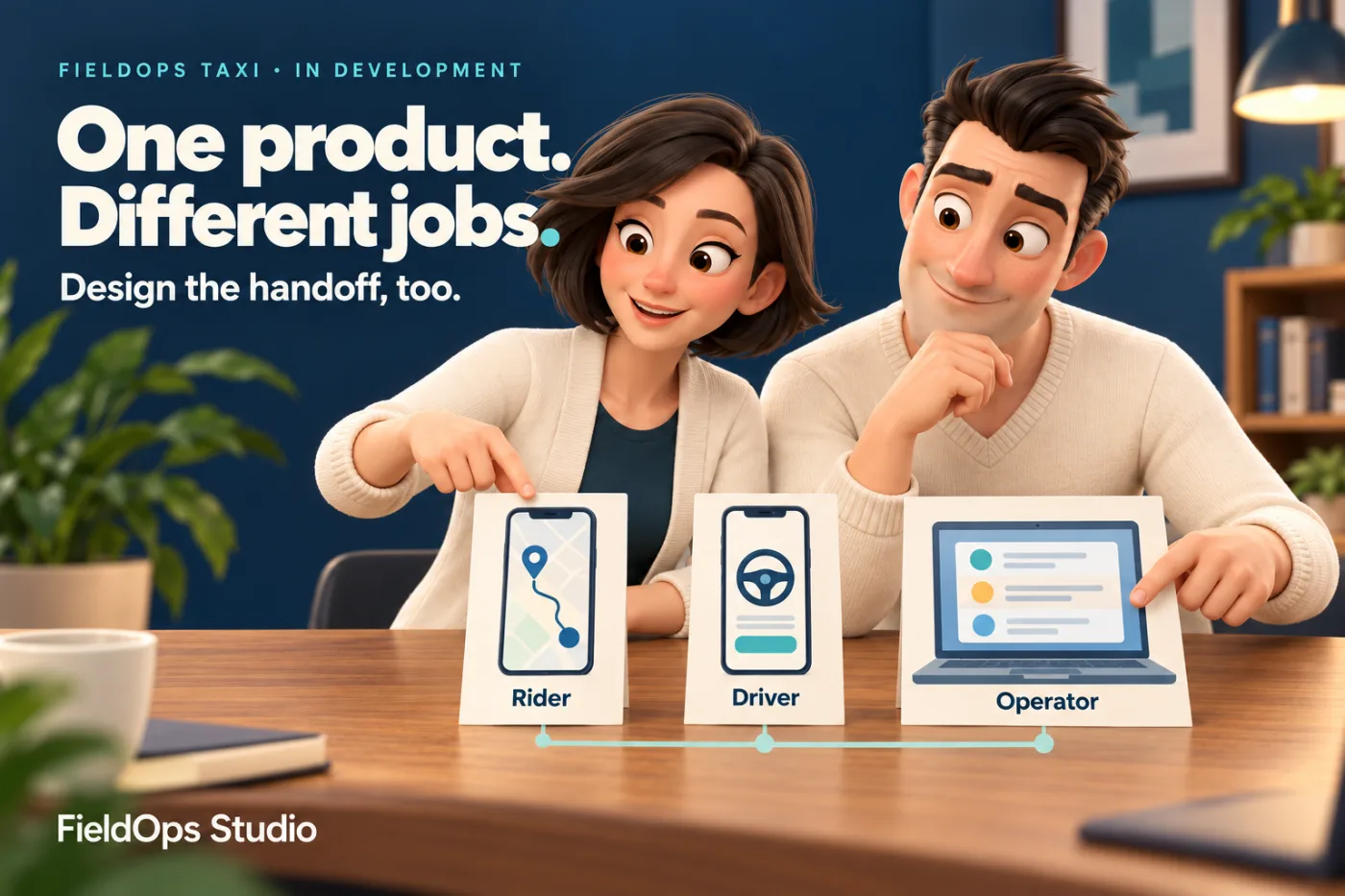 Original FieldOps concept illustration of two colleagues with Rider and Driver phone pictograms and an Operator laptop pictogram, labelled In development; not actual app screenshots.