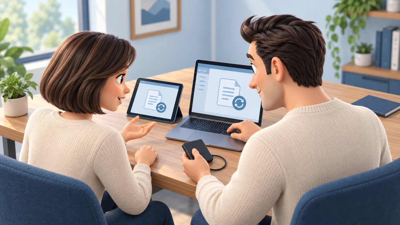 Over-the-shoulder illustration of two FieldOps colleagues looking at a laptop and tablet in front of them, with a separate backup drive.