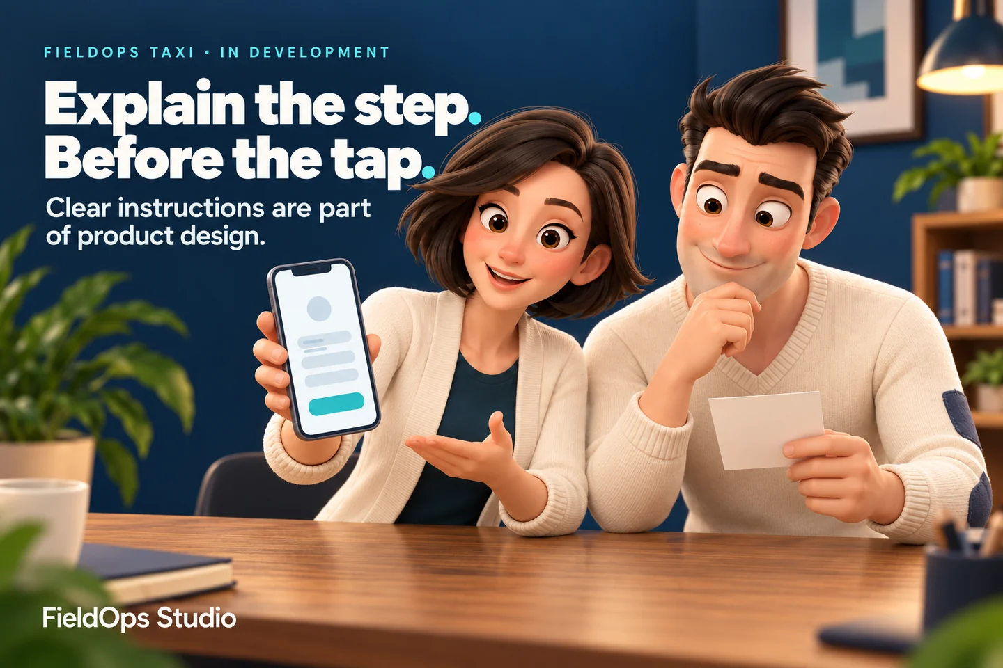 Original FieldOps concept artwork: two adult colleagues present a generic phone prototype and a physical instruction card. Explain the step. Before the tap. FieldOps Taxi is labelled in development.