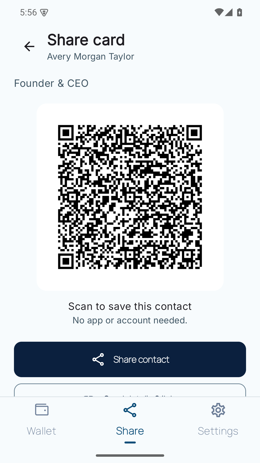 A sample contact’s QR code on the FieldOps Cards sharing screen.