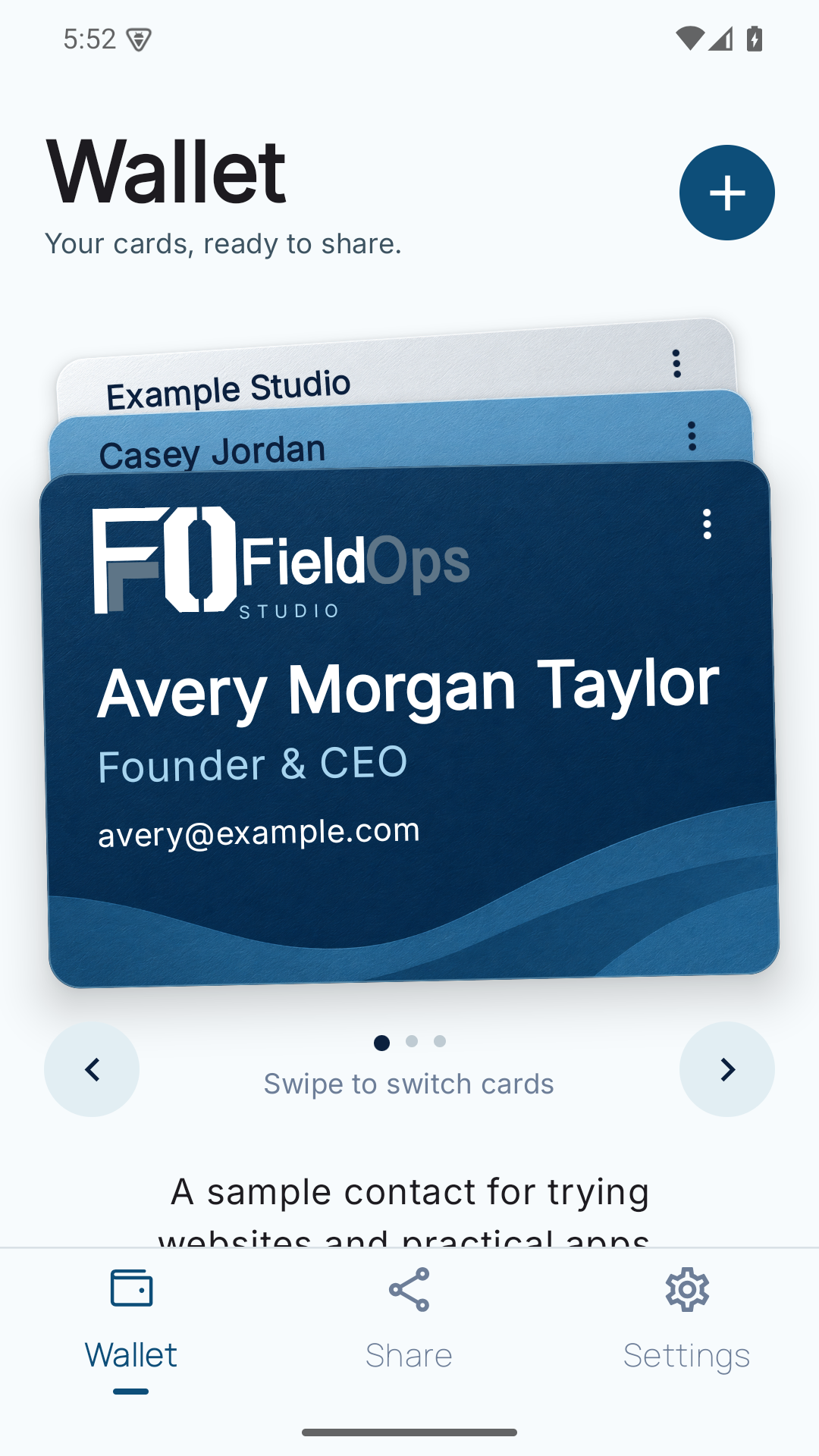 FieldOps Cards wallet showing sample contact cards.