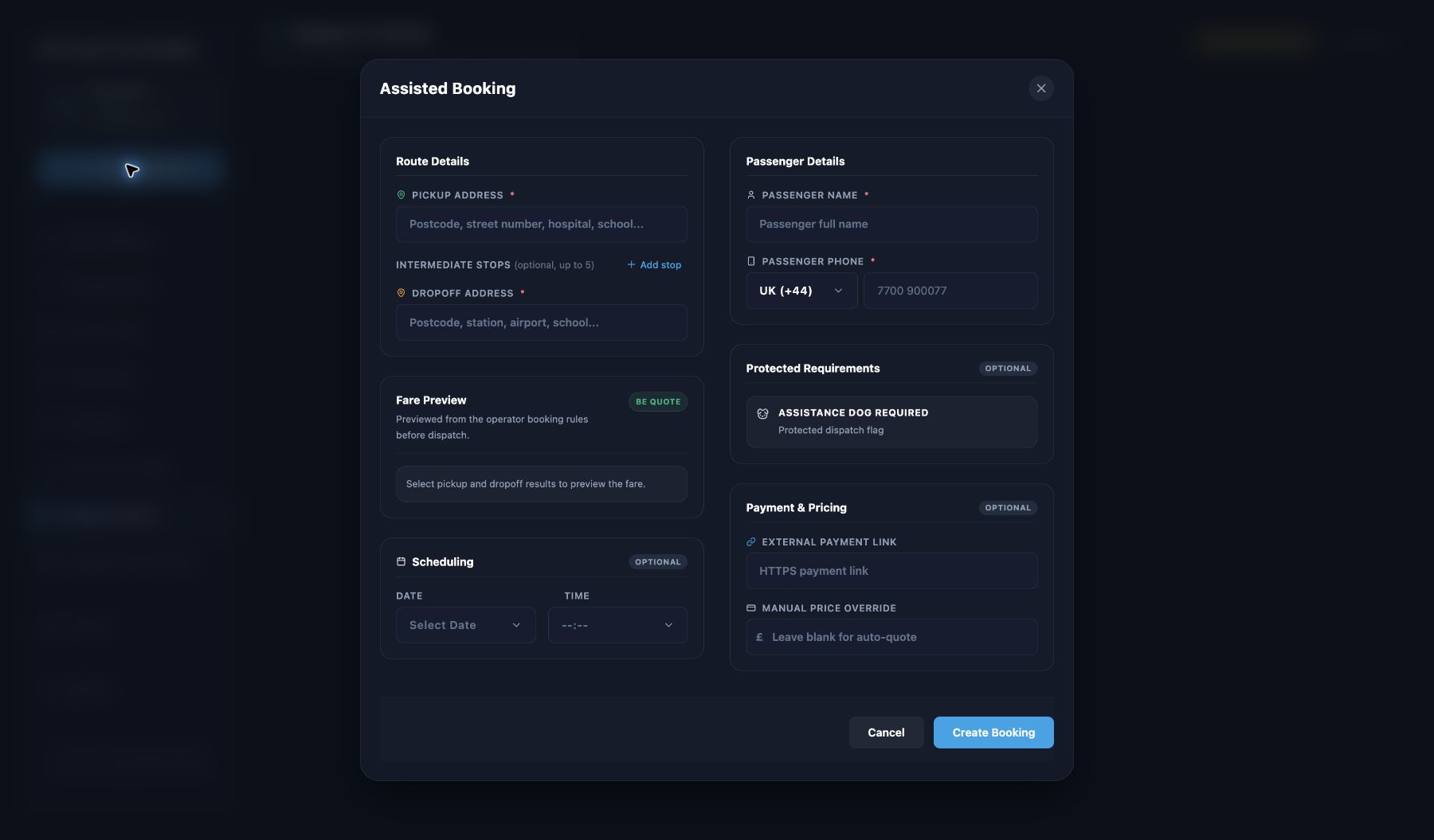 Signed-in Operator assisted booking dialog with empty passenger and route fields
