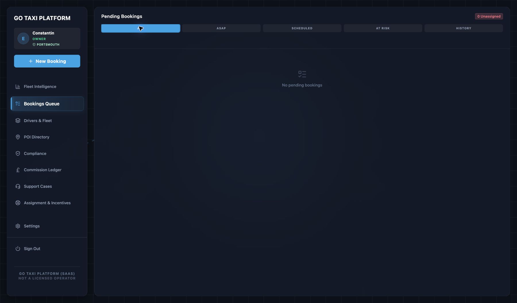 Actual signed-in Operator pending-bookings workspace
