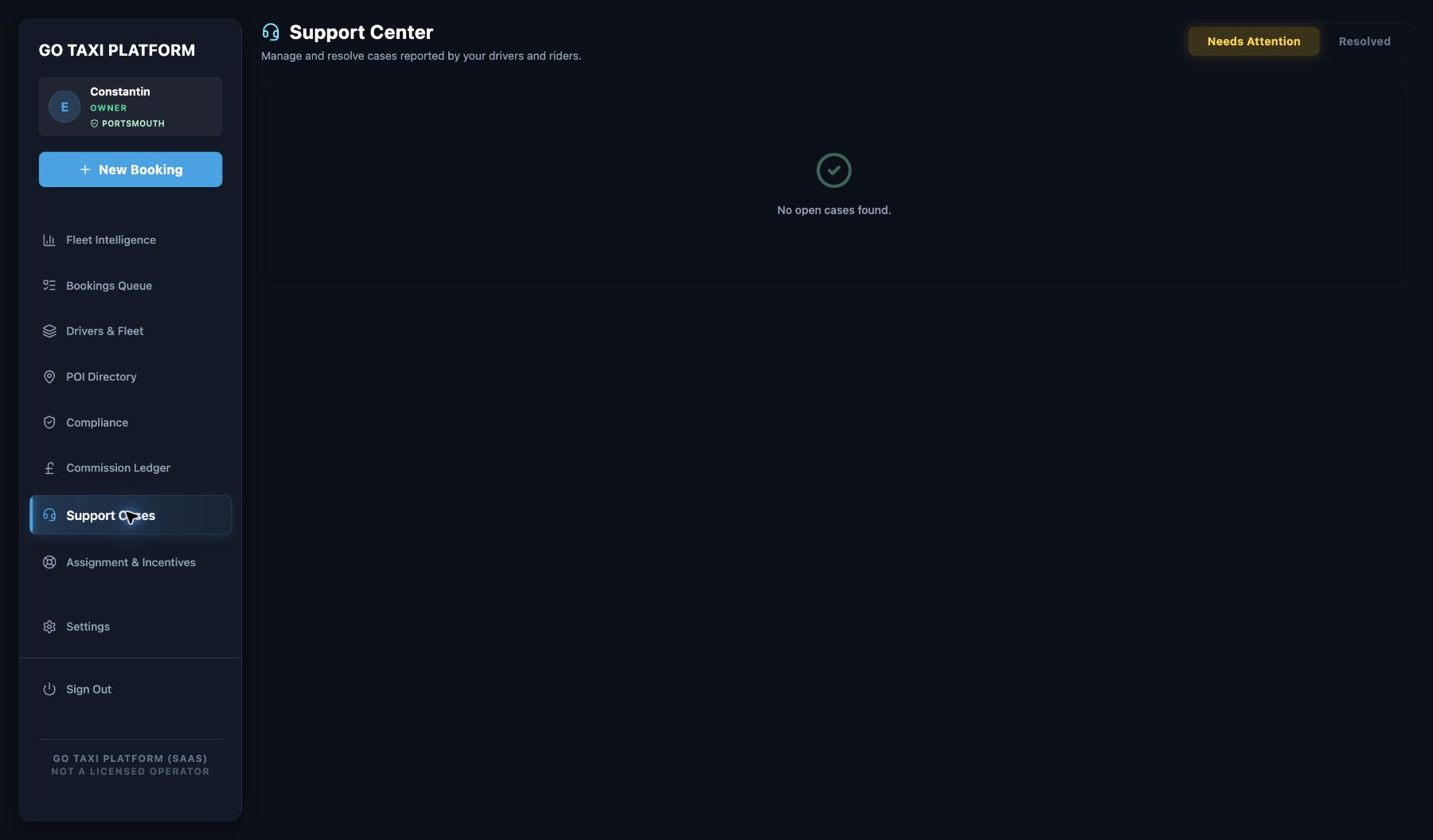 Signed-in Operator support centre with no open cases displayed