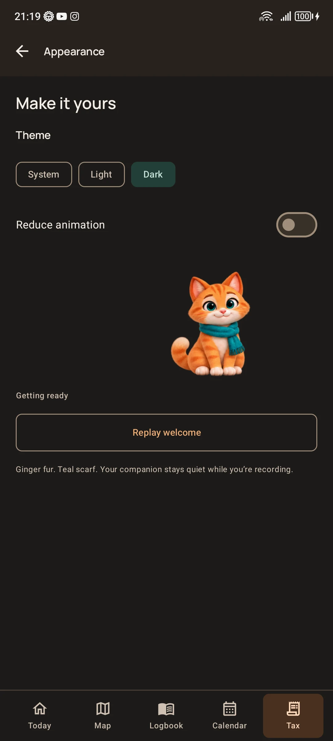 PurrMiles Appearance screen on a physical Android phone, with Dark selected, a reduce-animation control and the ginger cat with teal scarf.