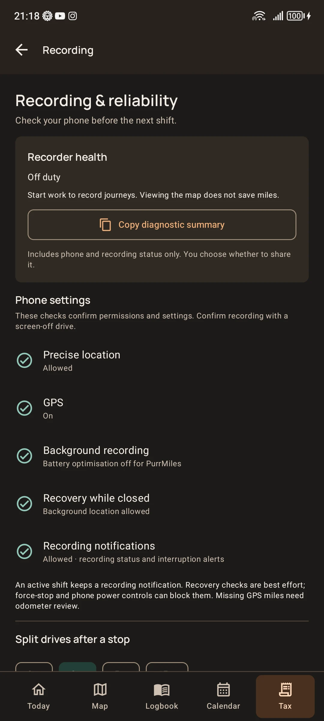 PurrMiles on a physical Android phone in dark mode, showing off-duty recorder health, a copy-diagnostics action and five recording-permission checks.