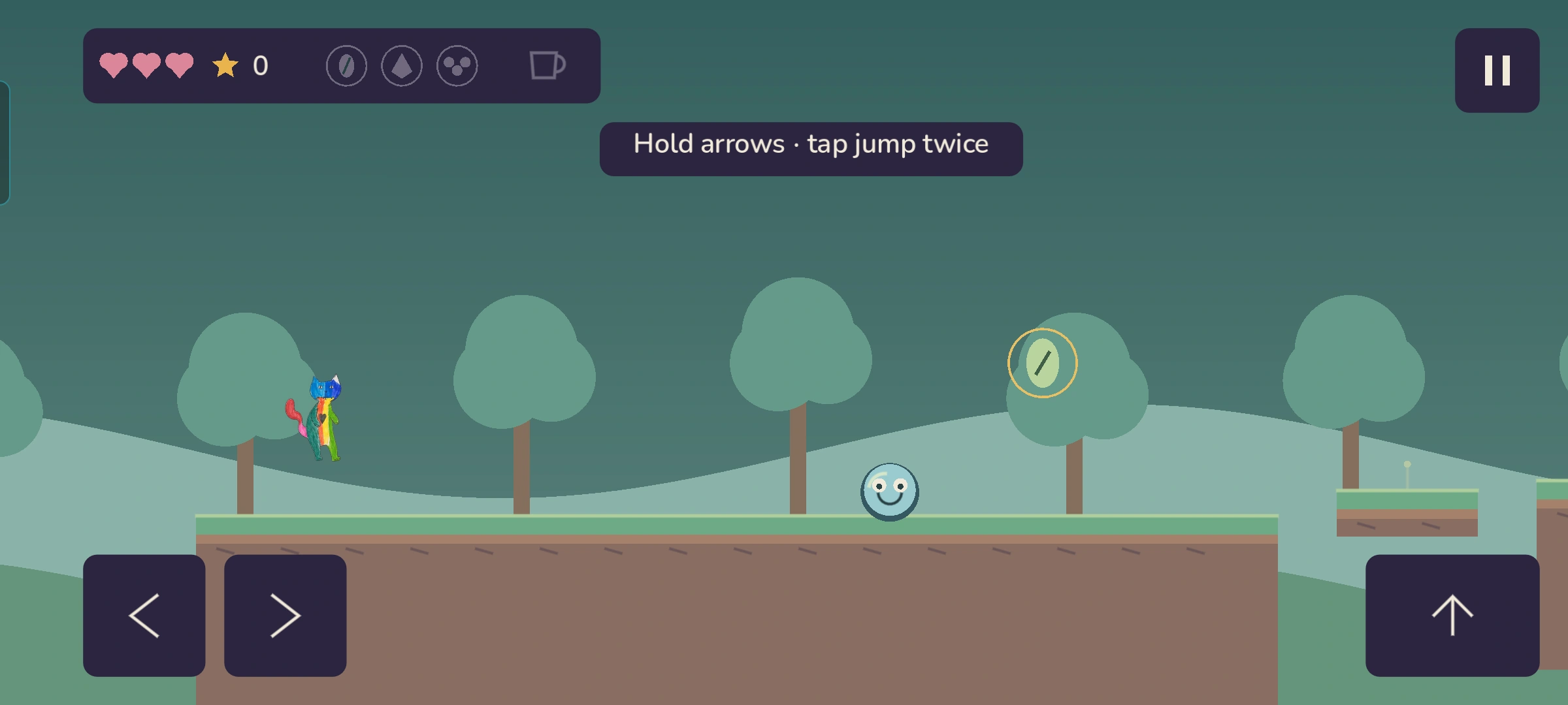 Colour Cat jumping in the Star Garden on the physical Android phone, with the real game HUD and touch controls visible.