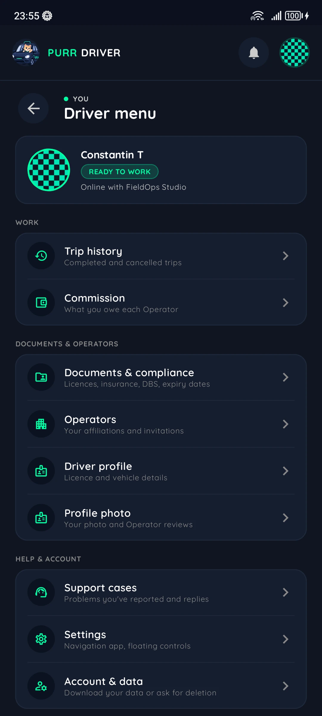 Driver app menu with example data