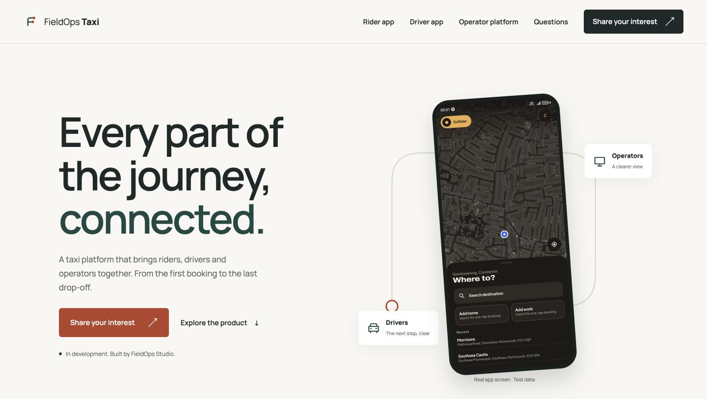 FieldOps Taxi marketing website: Every part of the journey, connected
